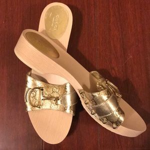 Gold Gucci Wood Clog Sandal w/ Leather Monogram